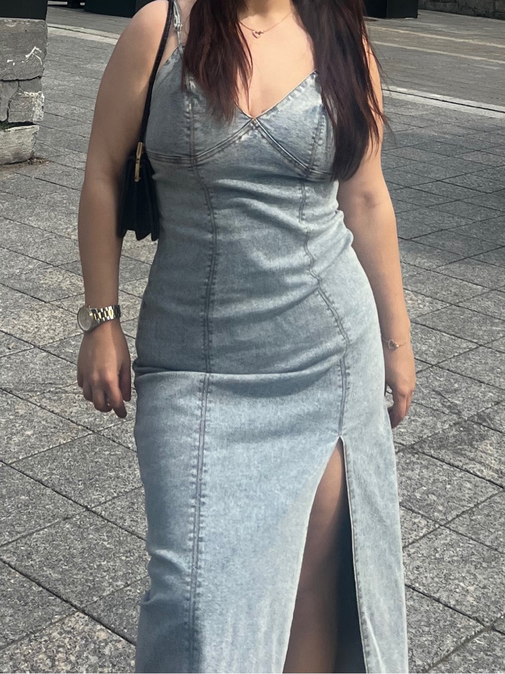 Habitual Light Wash Denim Midi Dress with Front Slit - Picture 2 of 6